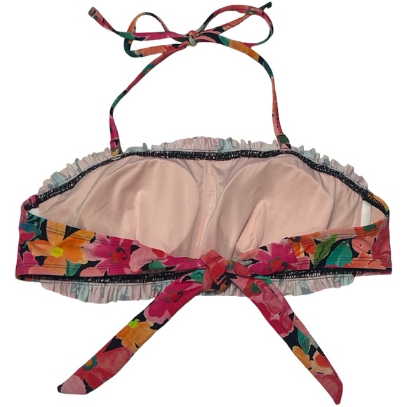 Floral Pink Smocked Bandeau Mid Rise Two Piece Bikini Set Adjustable Halter Top - Picture 12 of 15